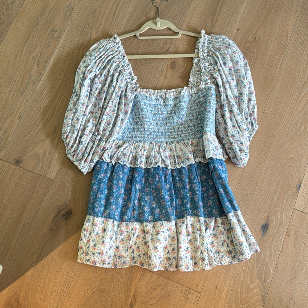 LoveShackFancy Floral Patchwork Mini Dress - Blue, Cream, Pink